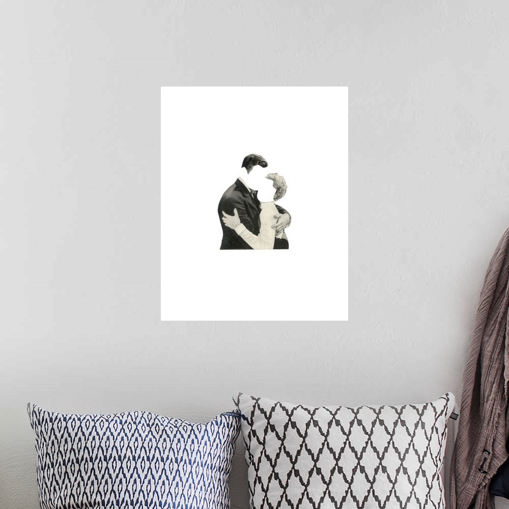 A bohemian room featuring Conceptual abstract art of a faceless man and woman embracing on a solid white background.