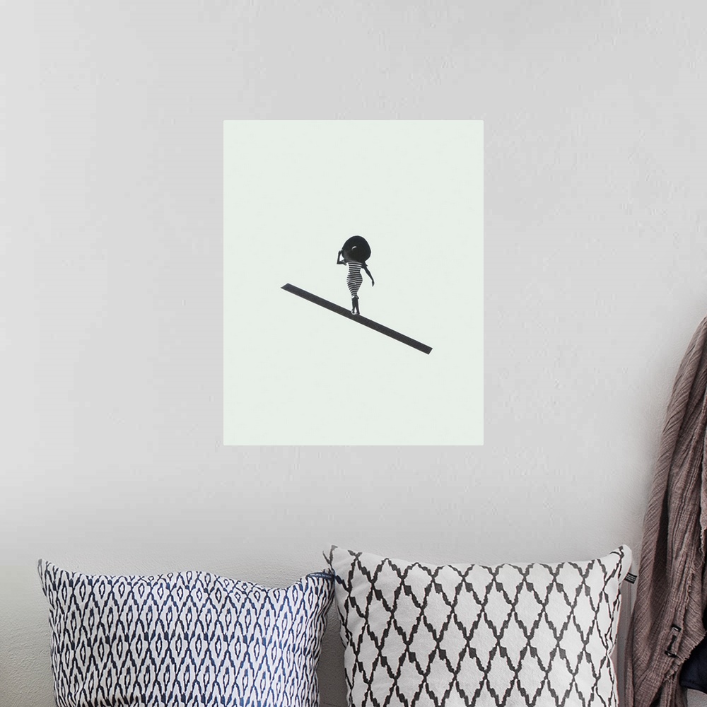 A bohemian room featuring Conceptual abstract art of a woman wearing a large sun hat walking down a diagonal line.