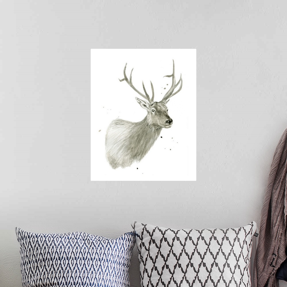 A bohemian room featuring Watercolor painting of a deer on a solid white background with a little bit of paint splatter.