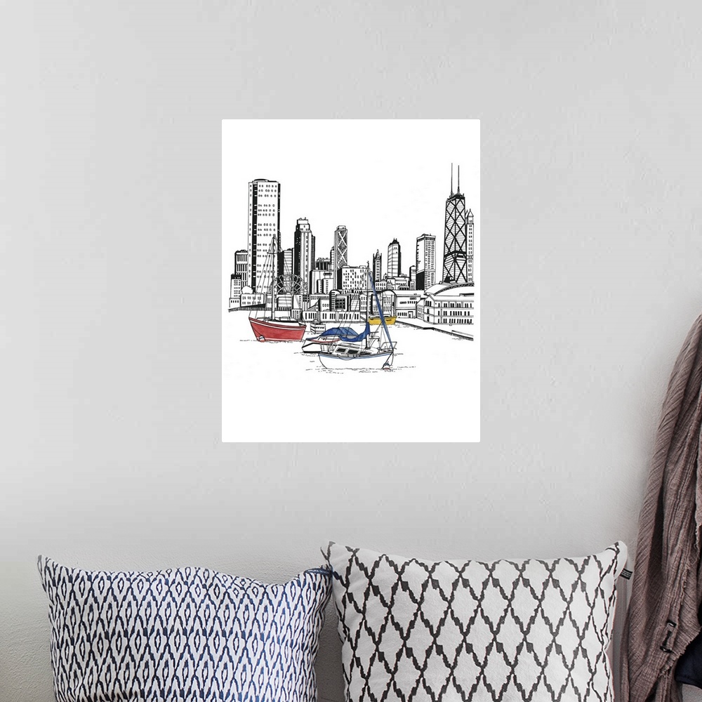 A bohemian room featuring Black and white watercolor painting of the Chicago, IL skyline with colorful sailboats in the har...