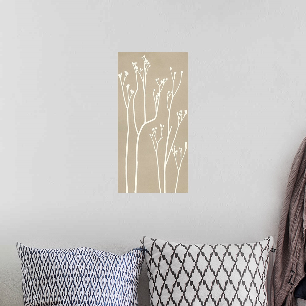 A bohemian room featuring Silhouettes of cocoa plant stems on a beige background.