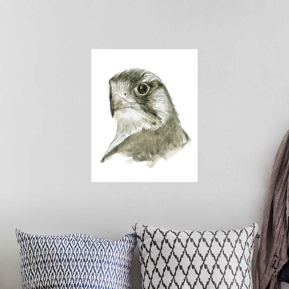 A bohemian room featuring Watercolor painting of a falcon on a solid white background.