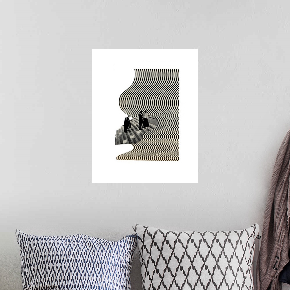 A bohemian room featuring Black and white conceptual abstract art created with mixed media.