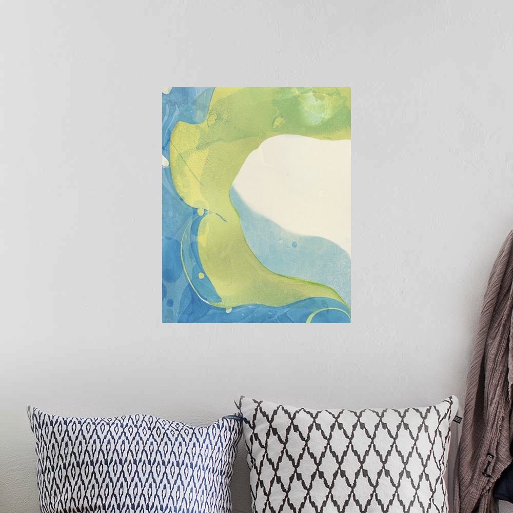 A bohemian room featuring A contemporary abstract painting using pale blue and green in a swirling of paint.