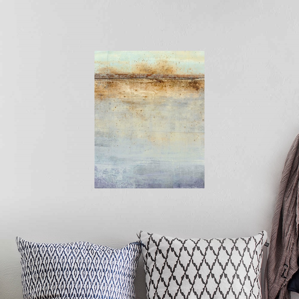 A bohemian room featuring Abstract painting with a horizon line at the top in shades of brown on a background made up of bl...