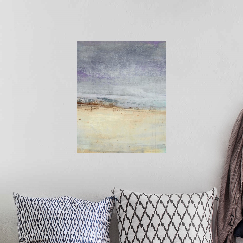 A bohemian room featuring Abstract painting with a horizon line towards the bottom in shades of brown on a background made ...