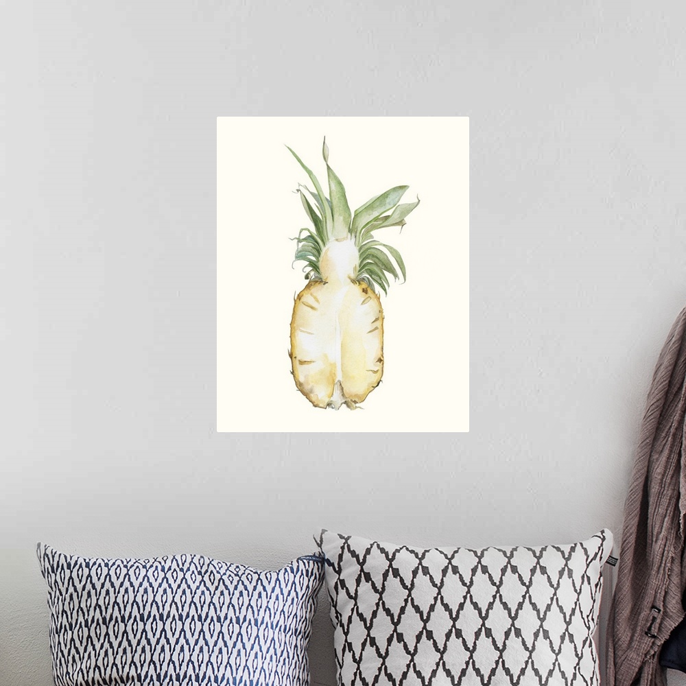 A bohemian room featuring Contemporary watercolor painting of a pineapple split in half on an off white background.