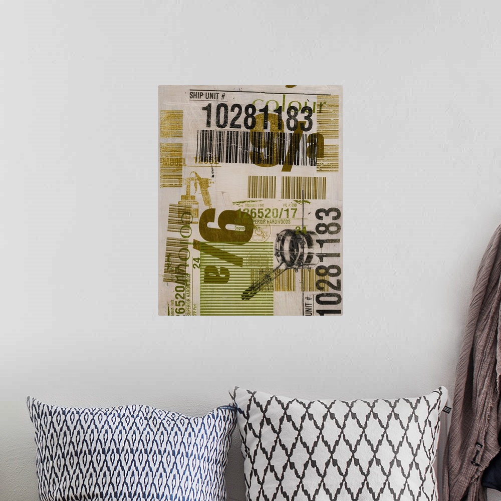 A bohemian room featuring Collage of numbers and bar codes on a neutral background.