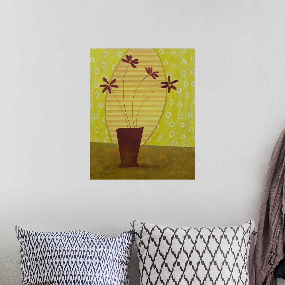 A bohemian room featuring Modern painting of a potted plant on a green and yellow patterned background.