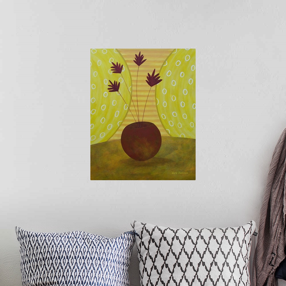 A bohemian room featuring Modern painting of a potted plant on a green and yellow patterned background.