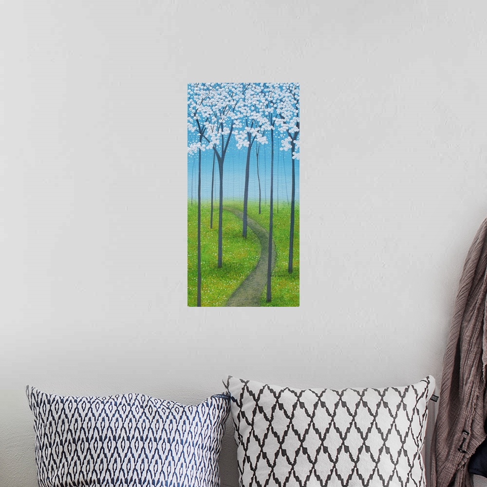 A bohemian room featuring Panel painting with a curved path lined with tall trees and white blossoms.