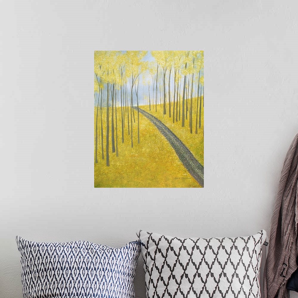 A bohemian room featuring Autumn landscape with a road leading up a hill, lined with Ginkgo trees and leaves.
