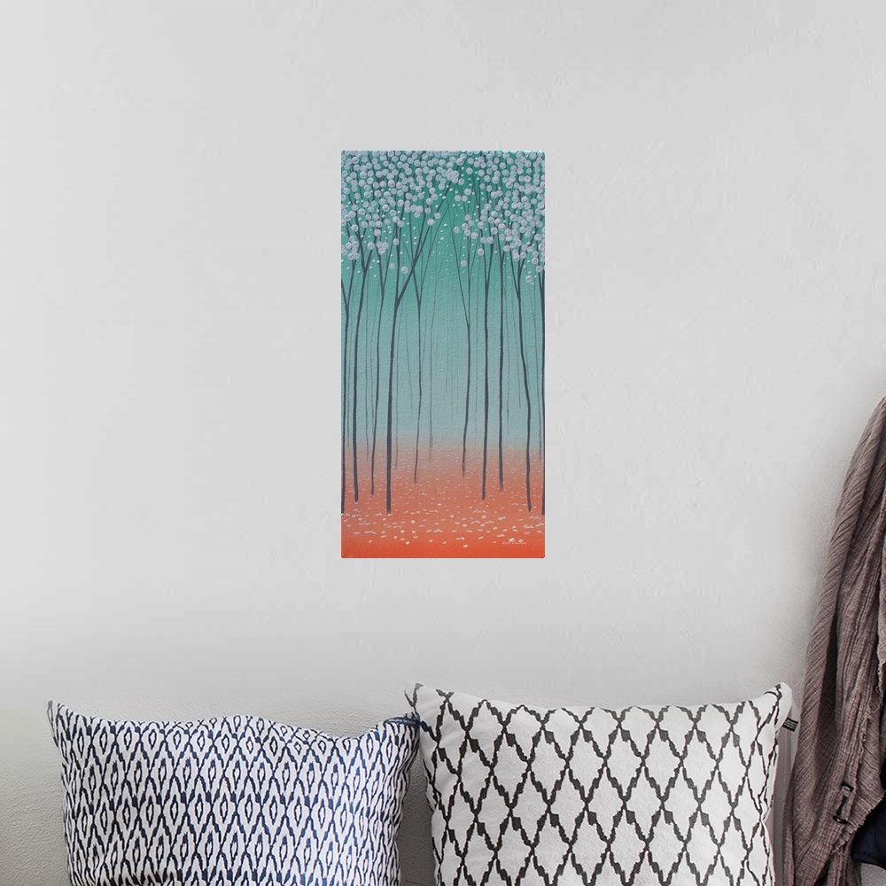 A bohemian room featuring Panel painting with a tree landscape in shades of green, gray, and orange.