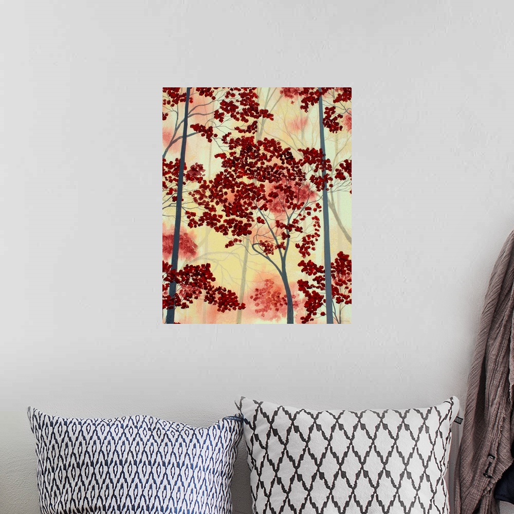 A bohemian room featuring Ruby red tree tops on a pale yellow background.