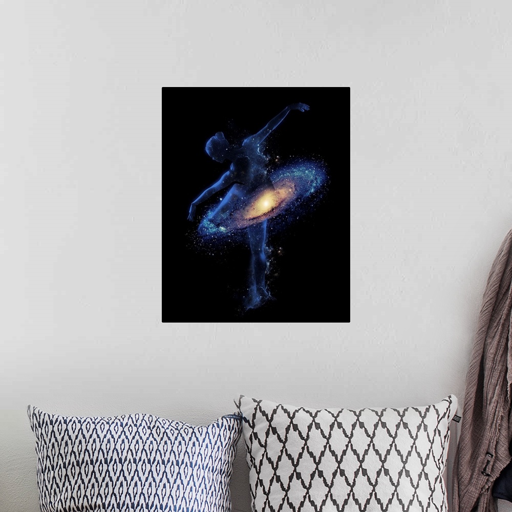 A bohemian room featuring Double exposure artwork featuring a dancer and her tutu as a galaxy.