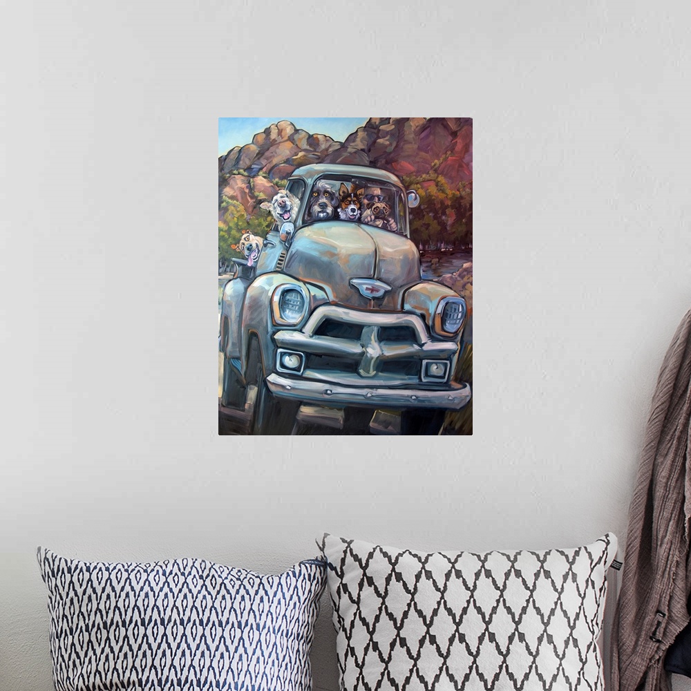 A bohemian room featuring Thick brush strokes create a humorous scene of a dogs riding in a truck on a country road.