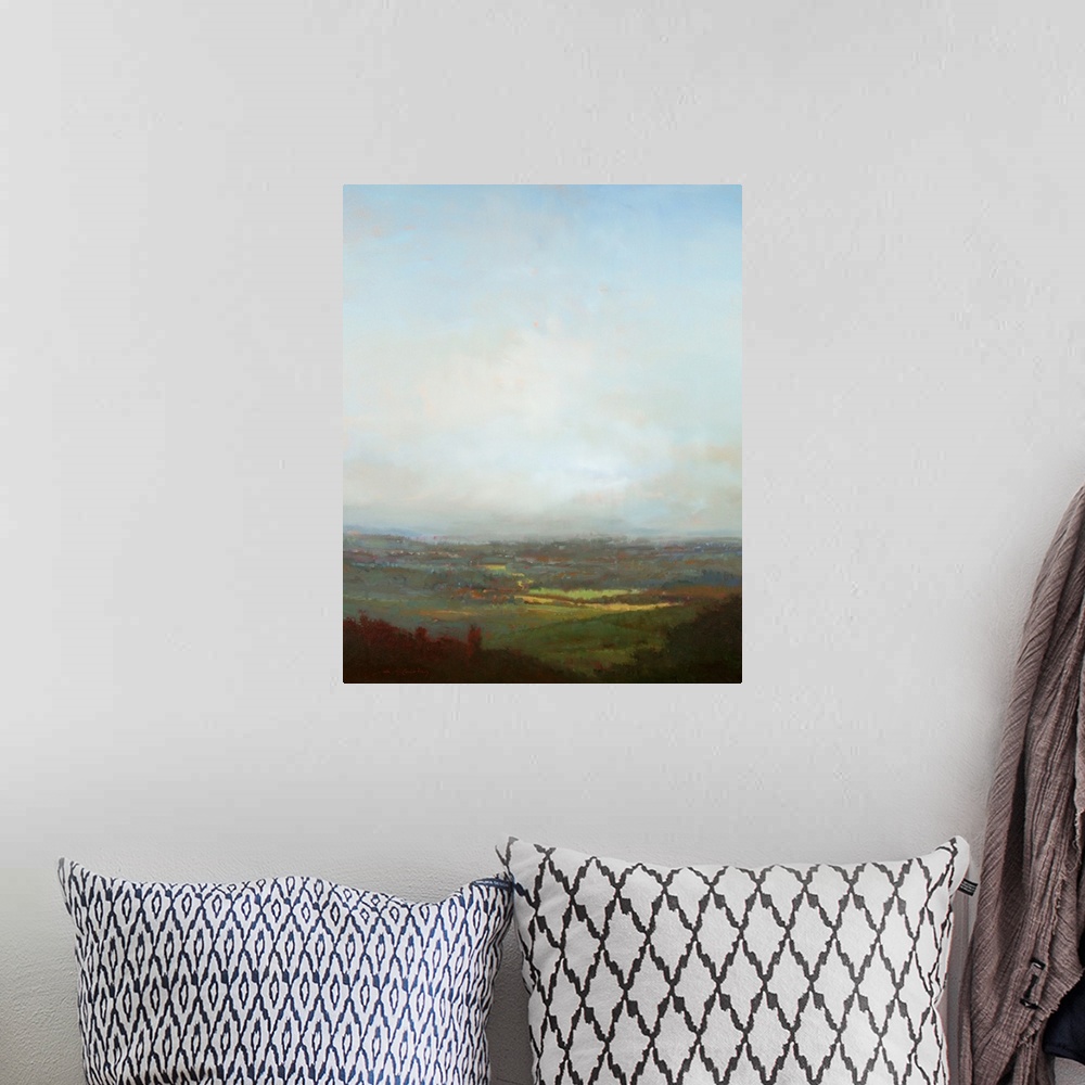 A bohemian room featuring 48x40 - o/aContemporary landscape painting with cloudy skies above.c