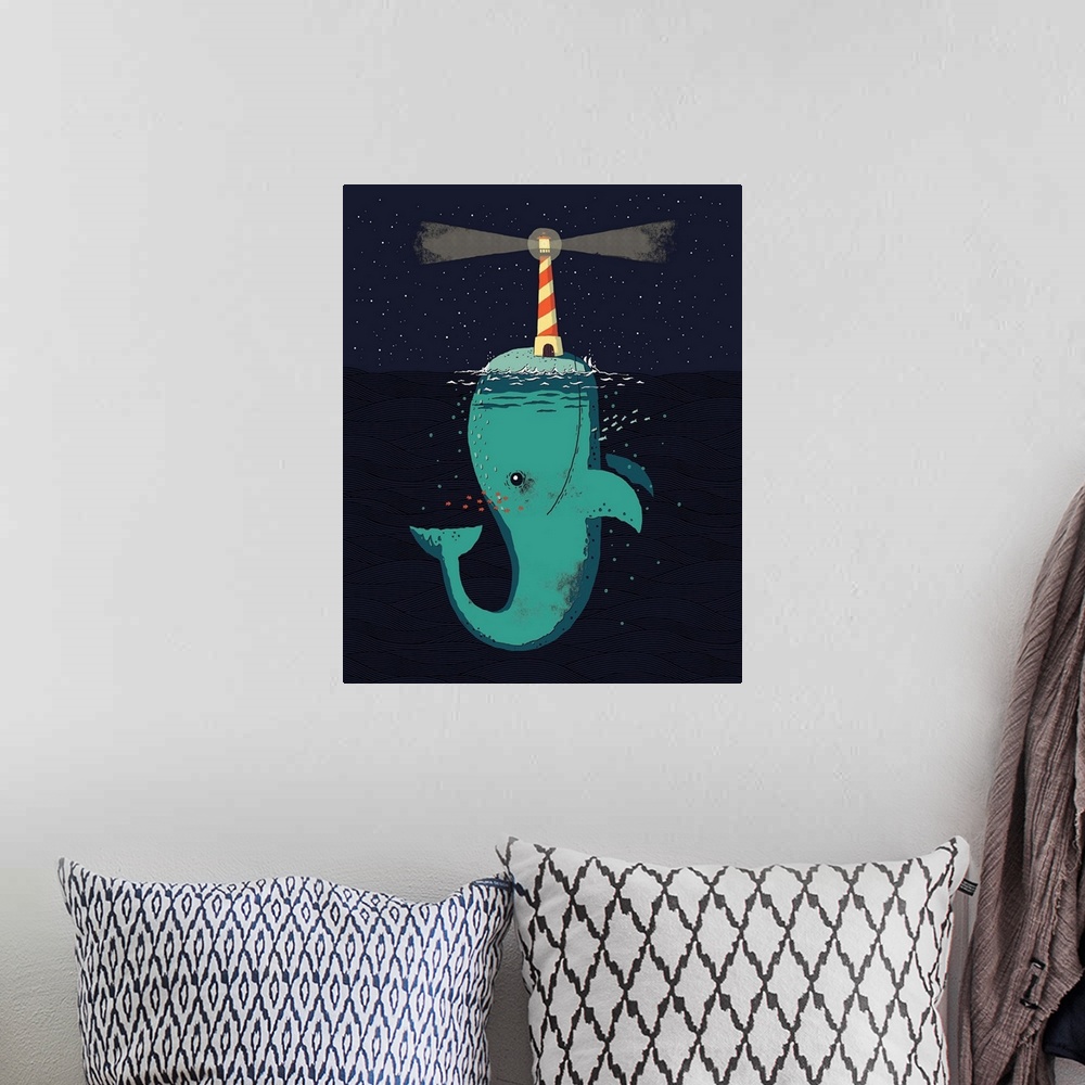 A bohemian room featuring Decorative artwork featuring a whale holding up a lighthouse to mimic the shape of a narwhal.