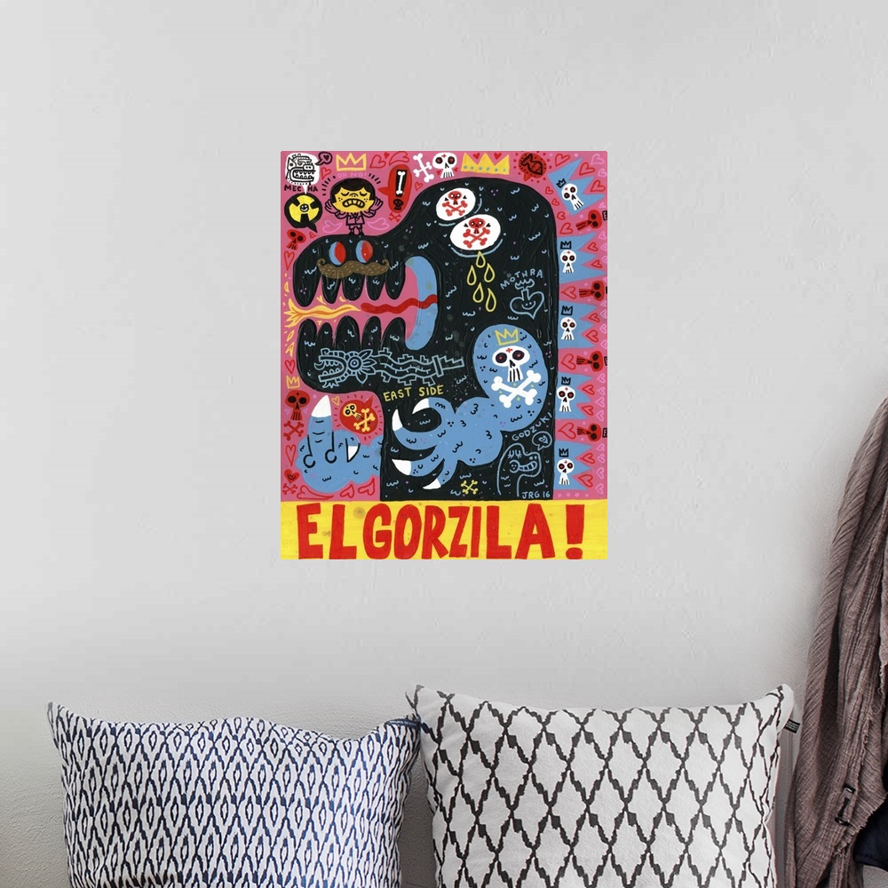 A bohemian room featuring Latin art of Godzilla, decorated with tattoos and roaring.