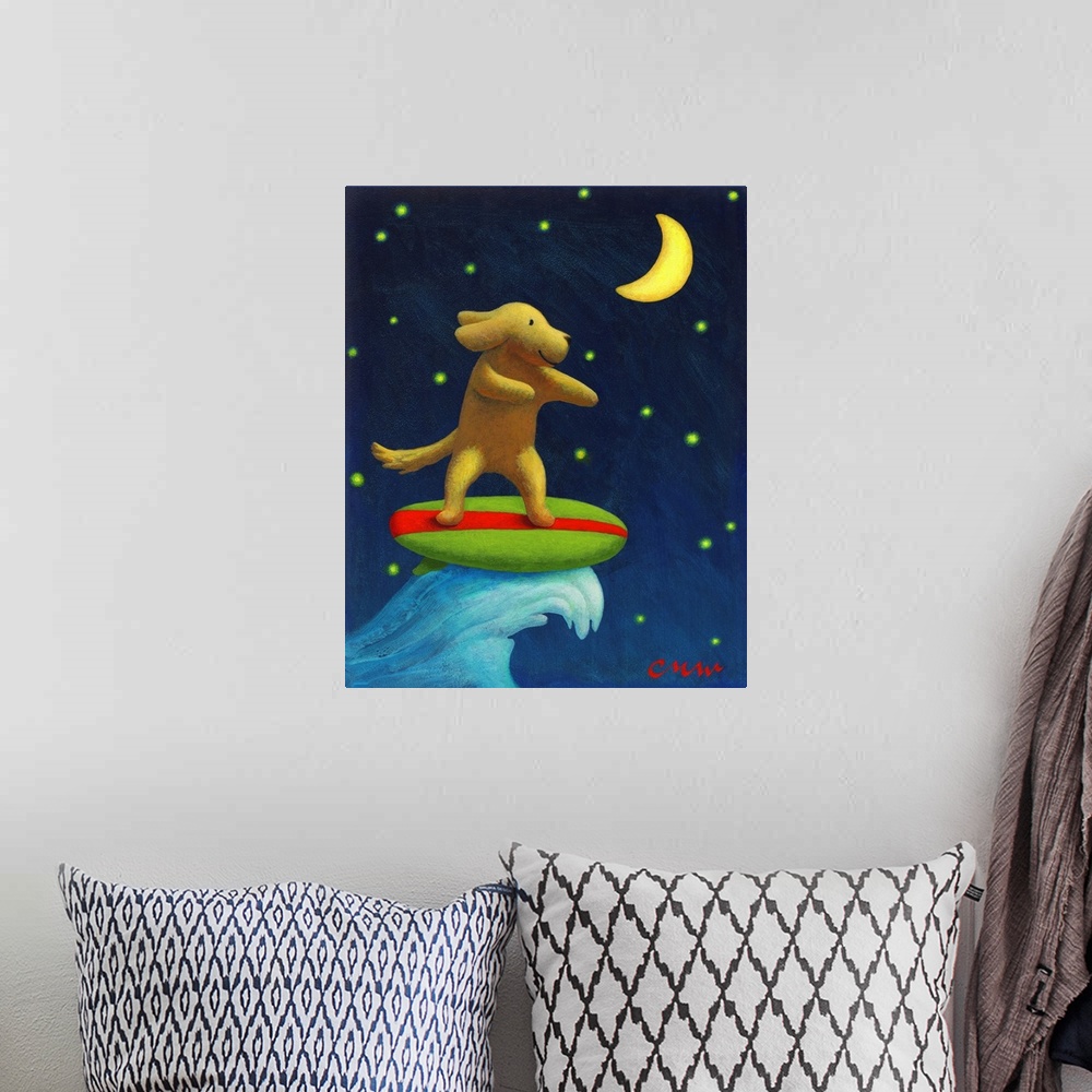 A bohemian room featuring Contemporary painting of a dog surfing with the night sky in the background.