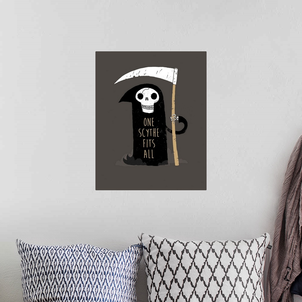 A bohemian room featuring Decorative artwork featuring a humorous grim reaper with the words, 'One Scythe Fits All'.