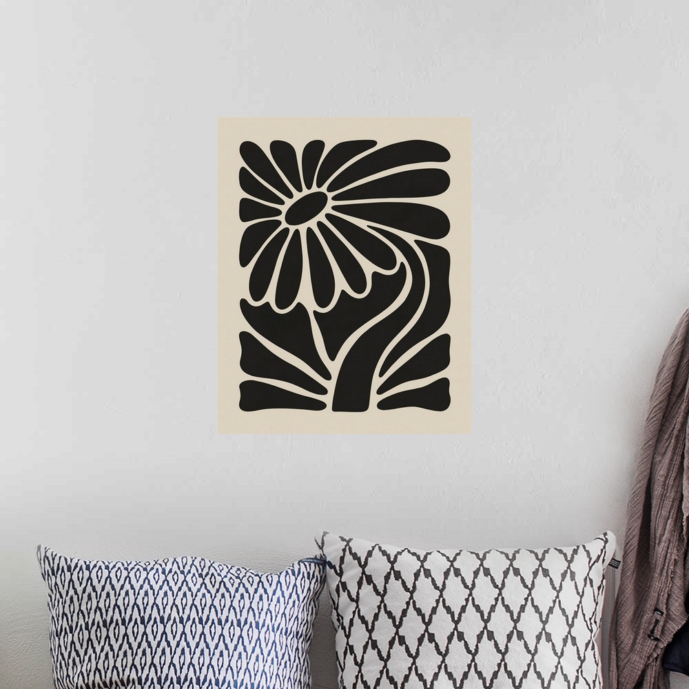 A bohemian room featuring A bold, monochromatic illustration of a flower fitted into a rectangular shape. This would be per...