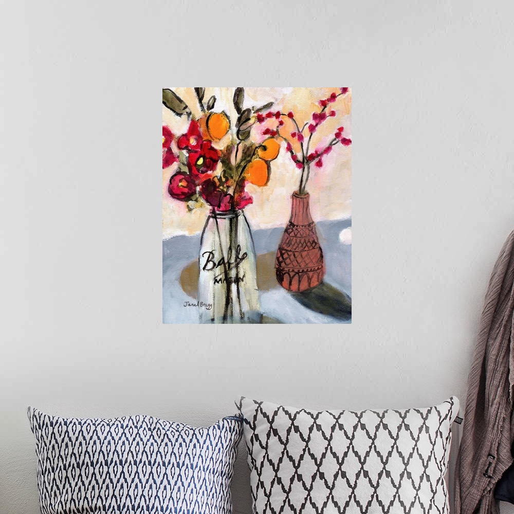 A bohemian room featuring Still Life With Mason Jar And Flowers
