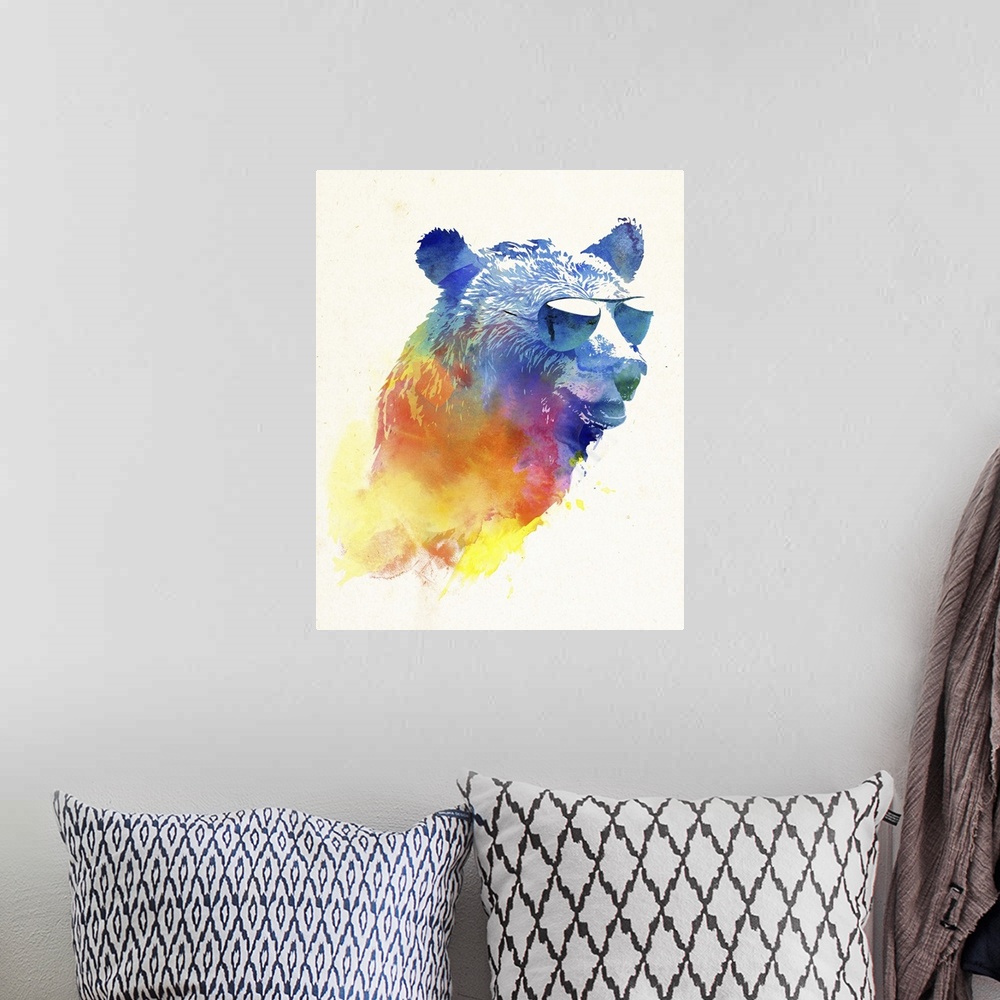 A bohemian room featuring Contemporary artwork of a bear in multiple colors wearing sunglasses.