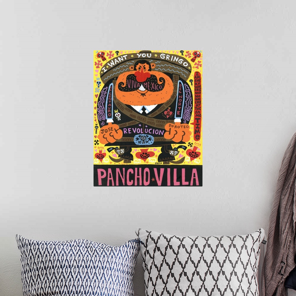 A bohemian room featuring Latin art of Pancho Villa looking tough and ready to fight.