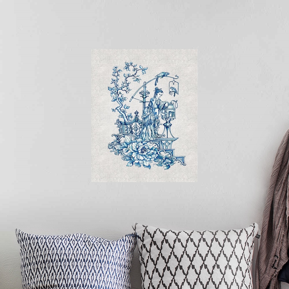 A bohemian room featuring Chinoiserie featuring a mother and child in blue over a linen background.
