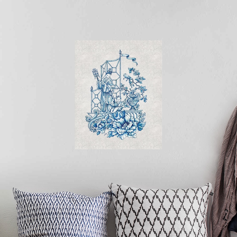 A bohemian room featuring Chinoiserie featuring a woman with birds in blue over a linen background.