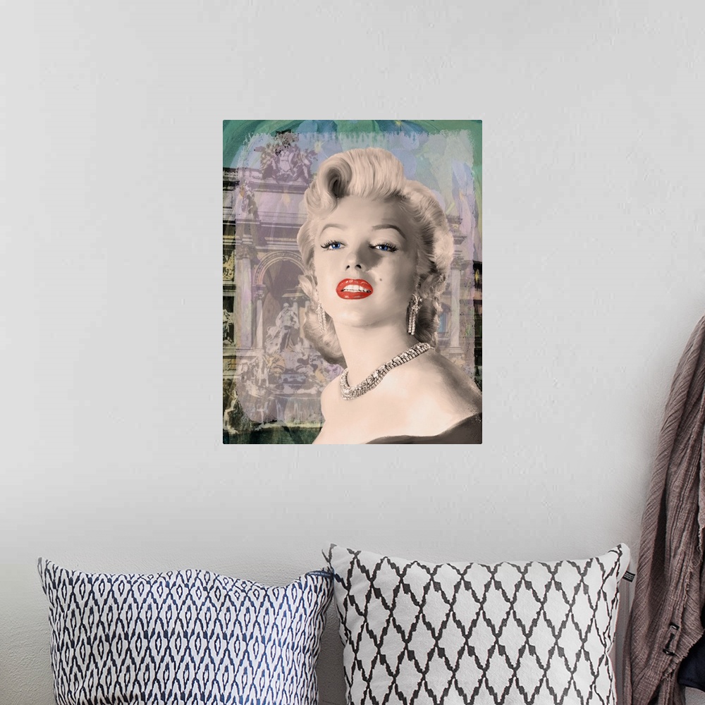 A bohemian room featuring Digital art painting of Marilyn Monroe and the Trevi Fountain in Girl's Best Friend Trevi.