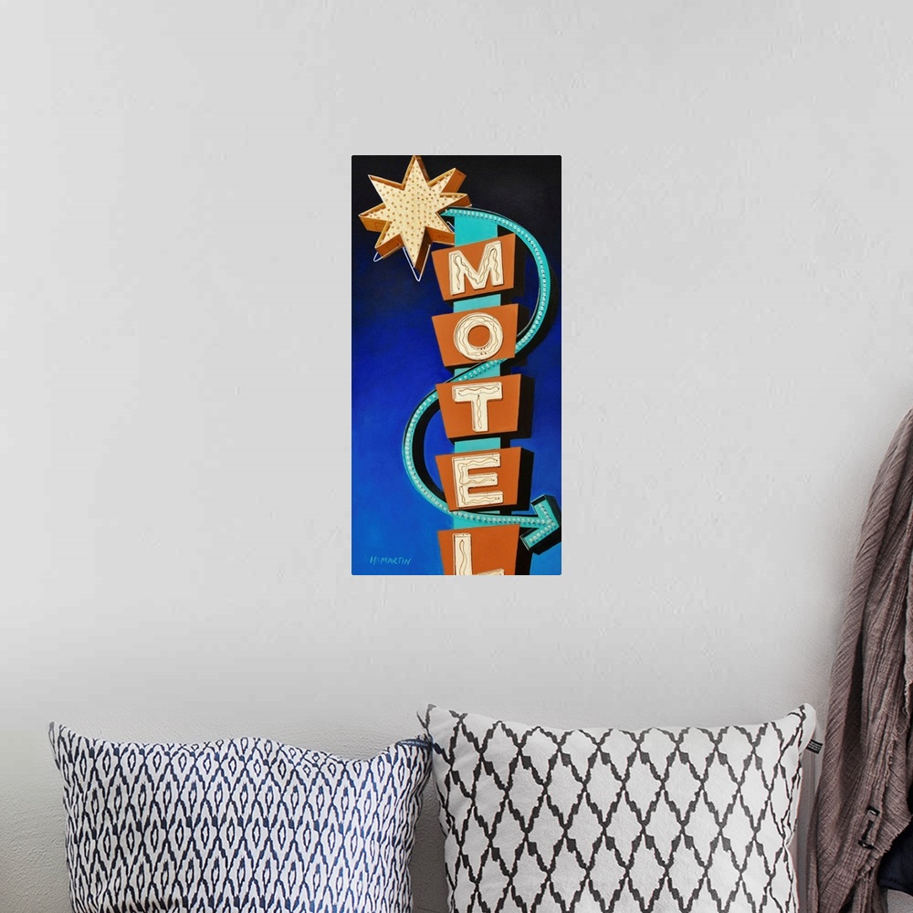 A bohemian room featuring Fine art oil painting of a brightly colored vintage neon motel sign shining brightly on a blue ba...