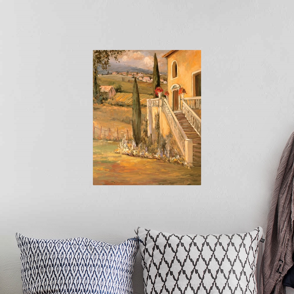 A bohemian room featuring Fine art oil painting landscape of an Italian villa farmhouse drenched in a warm wash of sunlight...