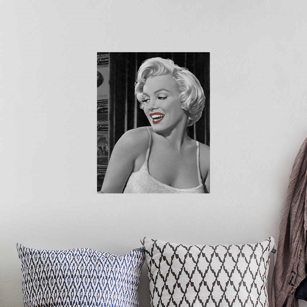 A bohemian room featuring Digital fine art image of Marilyn Monroe in gray tones while her lips are a red shade.
