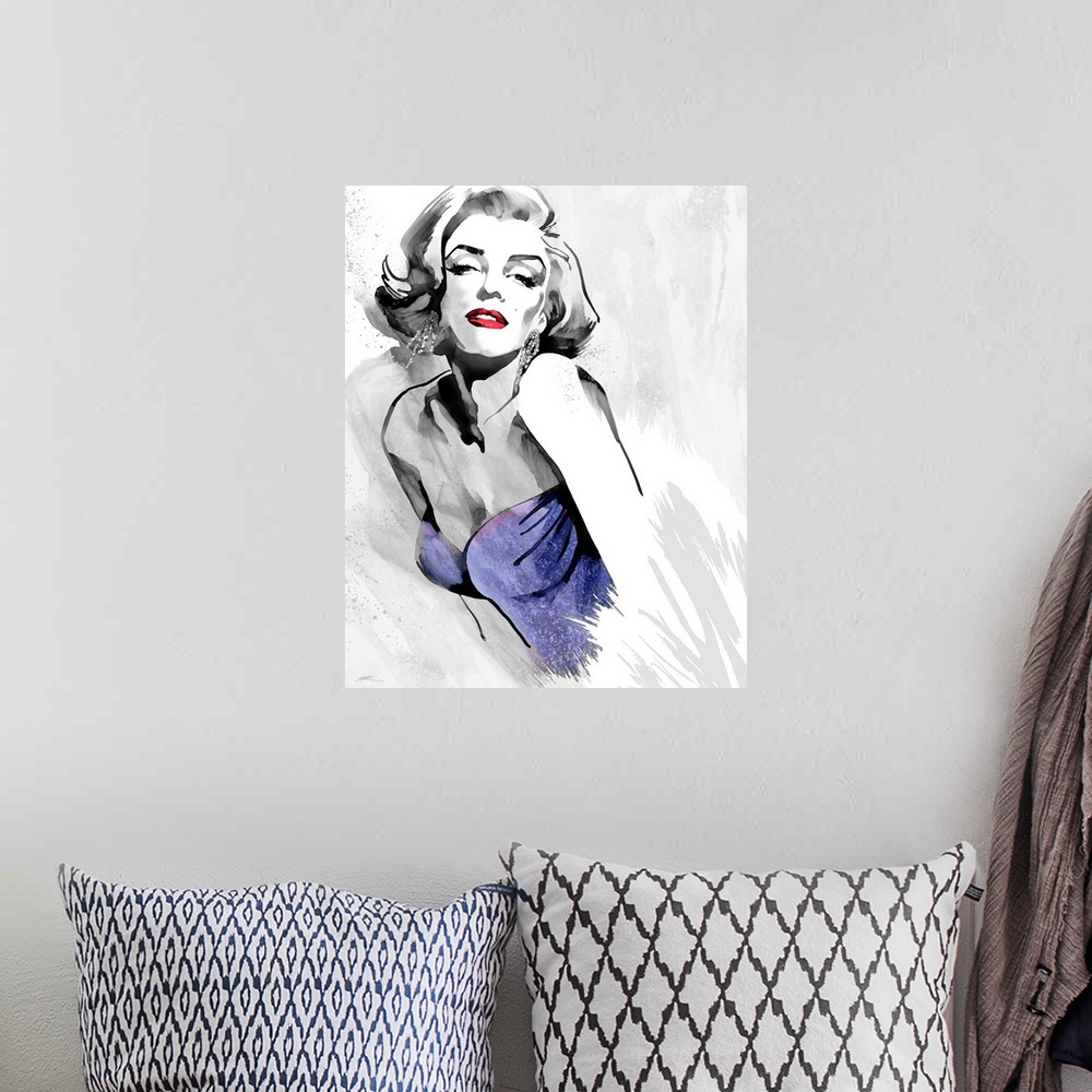 A bohemian room featuring Marilyn Monroe's fashion pose in black and white with red lips and a purple retro 1980's straples...