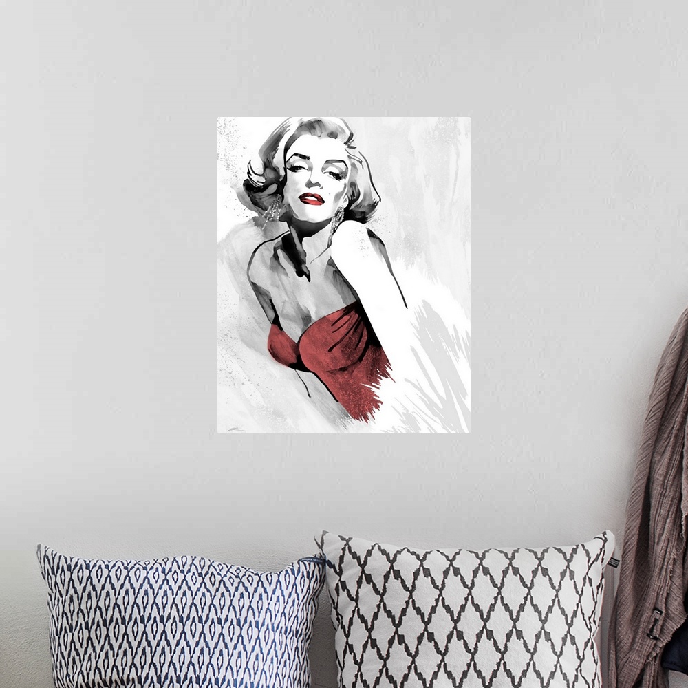A bohemian room featuring Marilyn Monroe's fashion pose in black and white with red lips and a red retro 1980's strapless d...