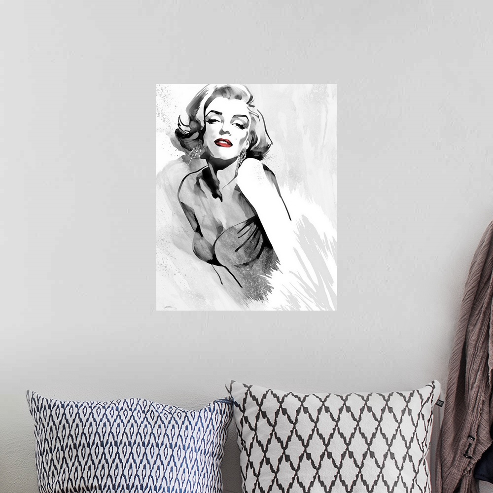 A bohemian room featuring Marilyn Monroe's fashion pose in black and white with red lips and a retro 1980's strapless dress.
