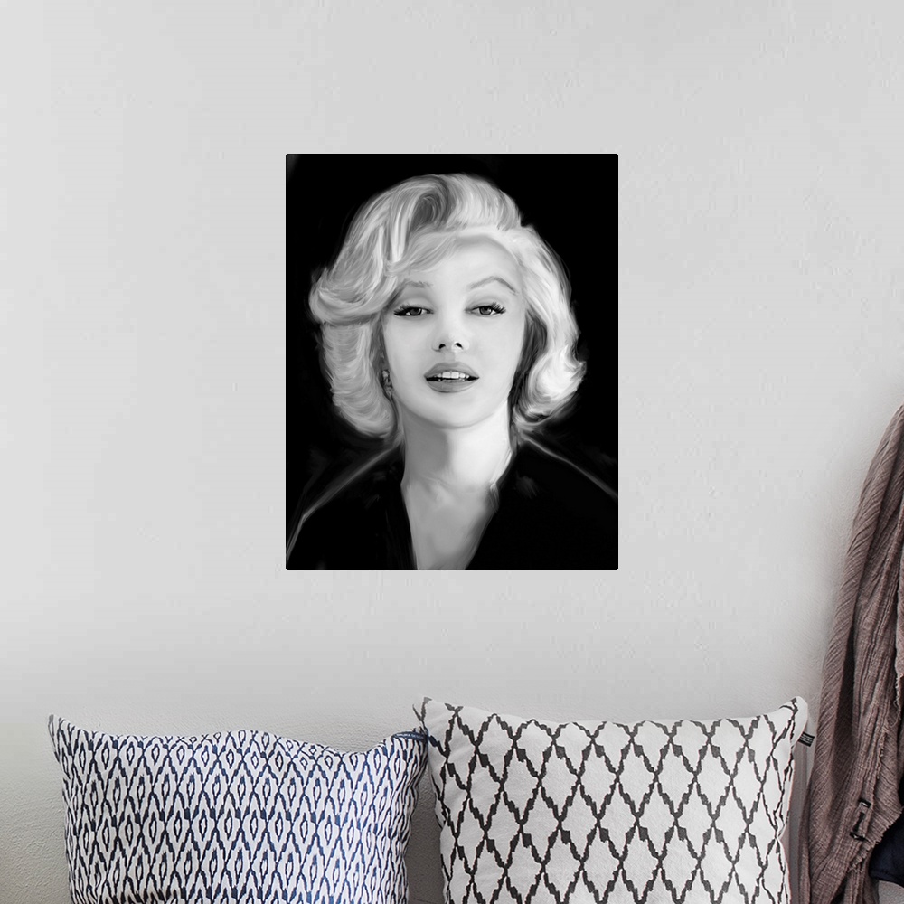 A bohemian room featuring Digital art painting in black and white of Marilyn Monroe in Marilyn's Whisper by Jerry Michaels.