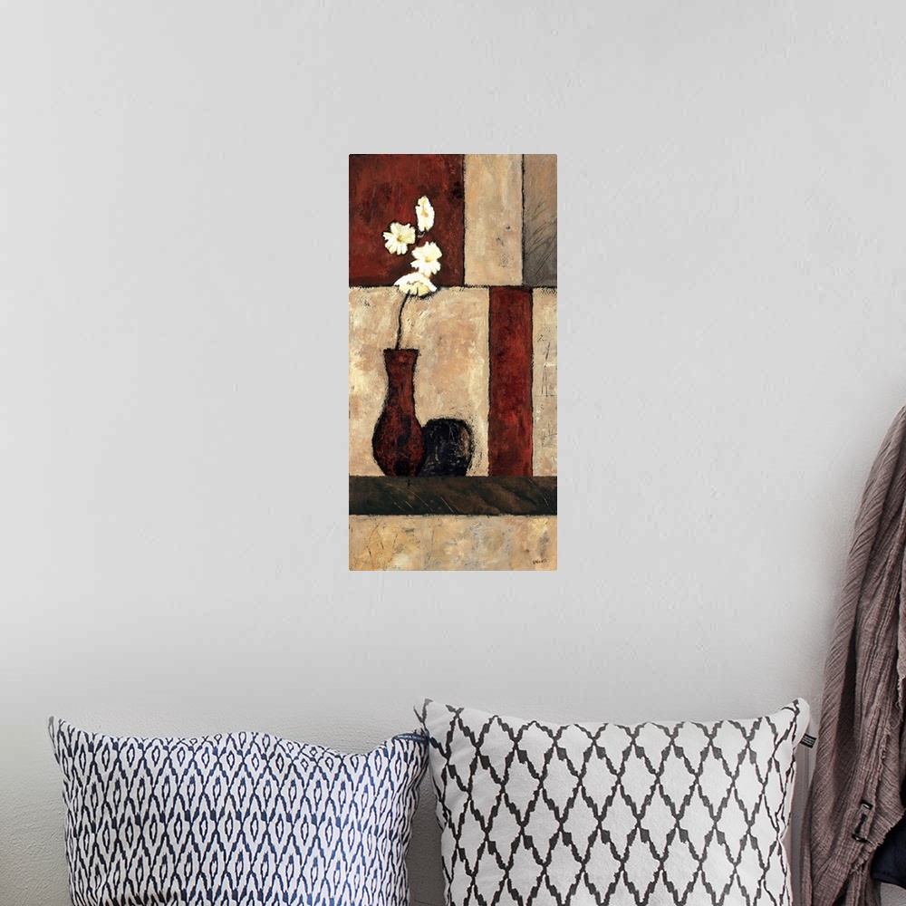 A bohemian room featuring Contemporary painting of an orchid bloom in a vase on a table with geometric block pattern backgr...