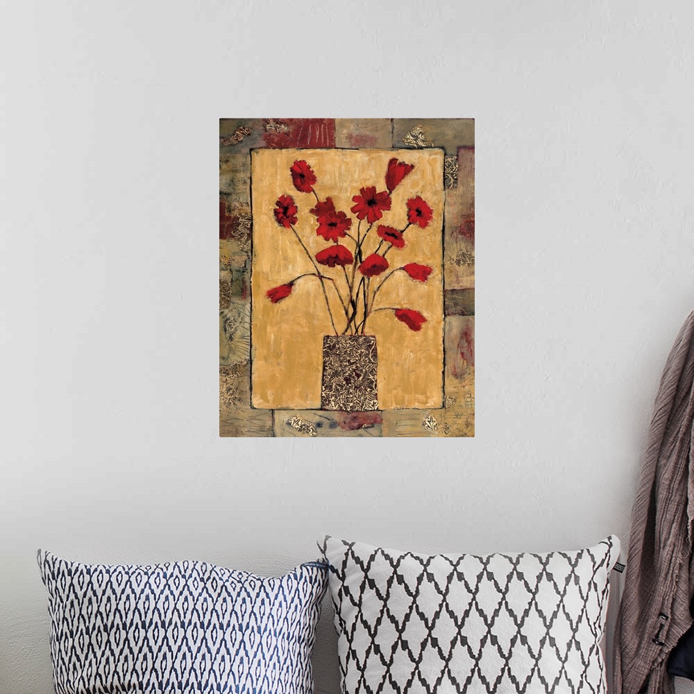 A bohemian room featuring Contemporary artwork of a bouquet of red flowers in a patterned vase surrounded by textured border.