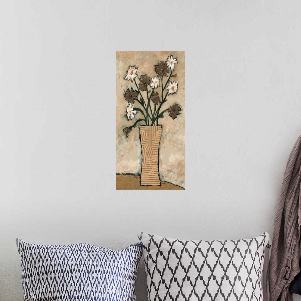 A bohemian room featuring Contemporary artwork of a bouquet of white and brown blooming flowers.