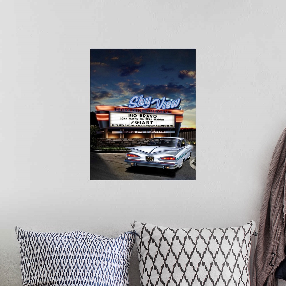 A bohemian room featuring Digital art painting of the Sky View drive-in theater playing Rio Bravo and Giant, with a classic...