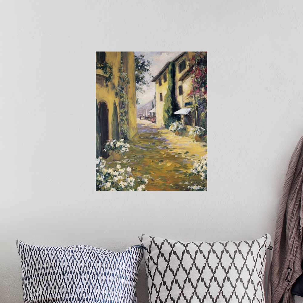 A bohemian room featuring Fine art oil painting landscape of a sunlit villa path with flowering plants by Allayn Stevens.