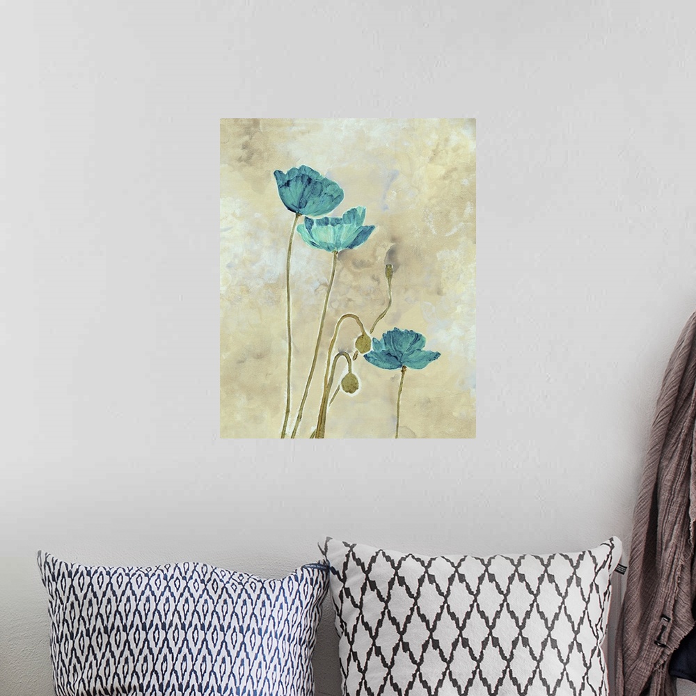 A bohemian room featuring Contemporary artwork of teal and turquoise flowers.