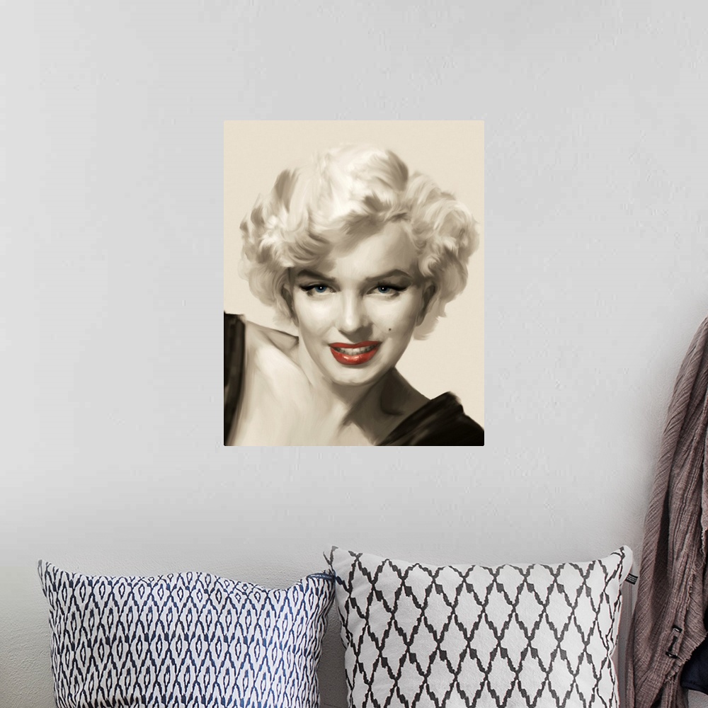 A bohemian room featuring Marilyn Monroe gazes at the viewer with red lips.