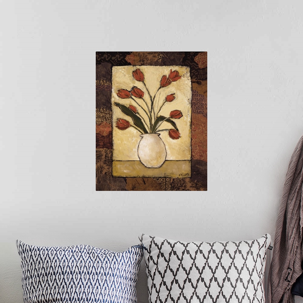 A bohemian room featuring Contemporary painting of a bouquet of red tulips over a light background surrounded by a patterne...