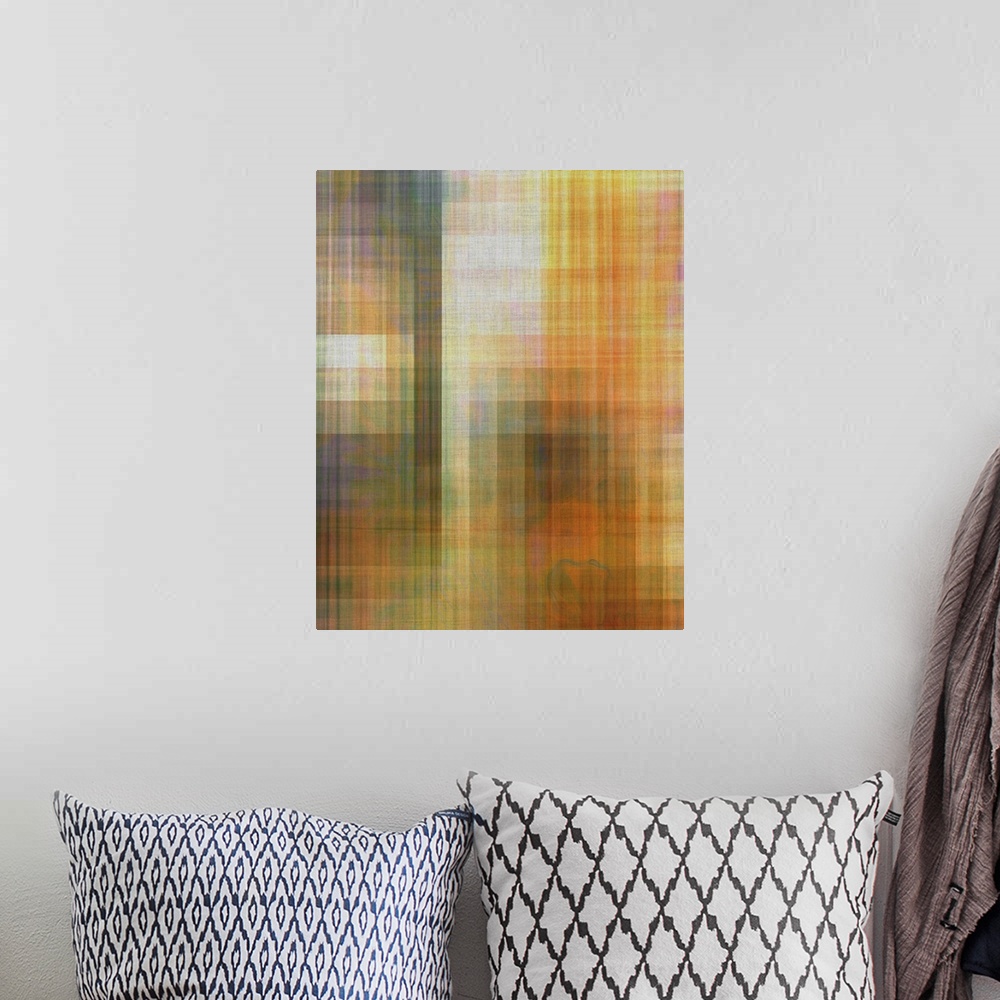 A bohemian room featuring Pixelated light and color create an abstract cityscape.