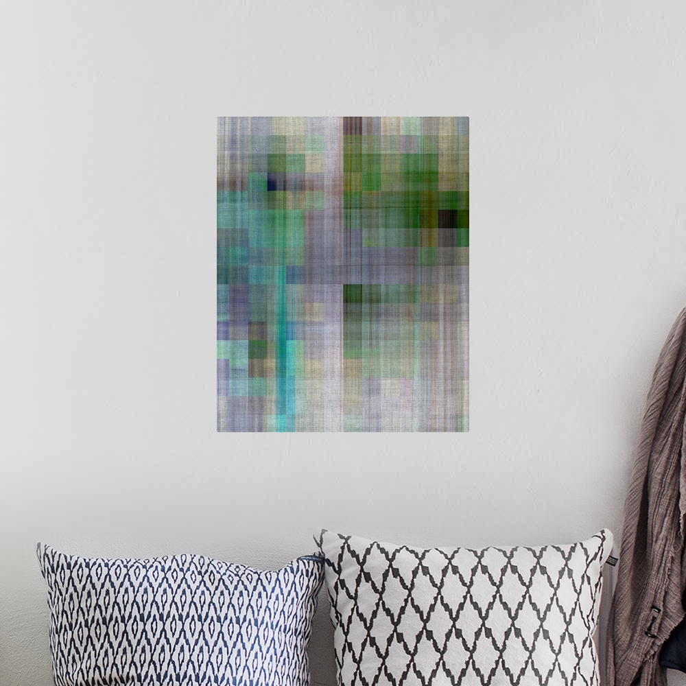 A bohemian room featuring Pixelated light and color create an abstract cityscape.