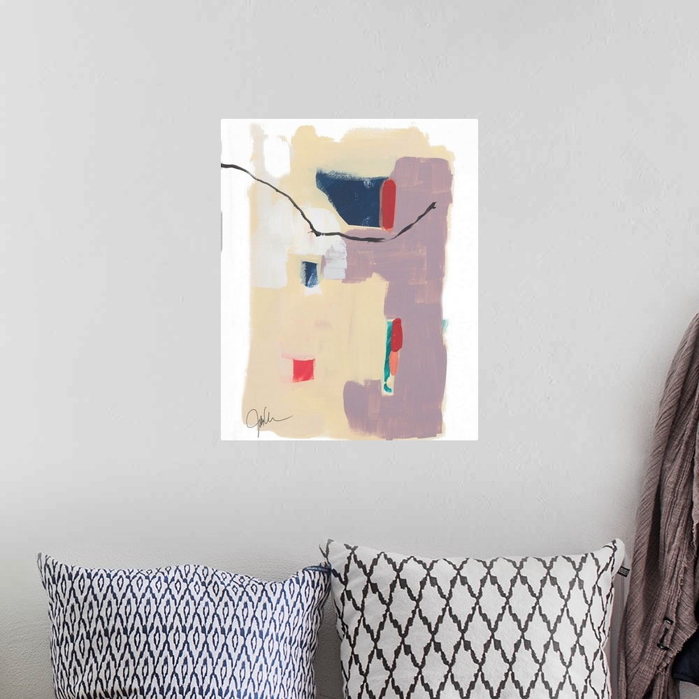 A bohemian room featuring Abstract artwork featuring blocks of color in various shapes with a thin gestural brush stroke as...